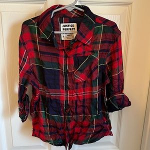 NEW Justice Perfect Plaid red, navy and green Button Down Shirt Size 6 NWT